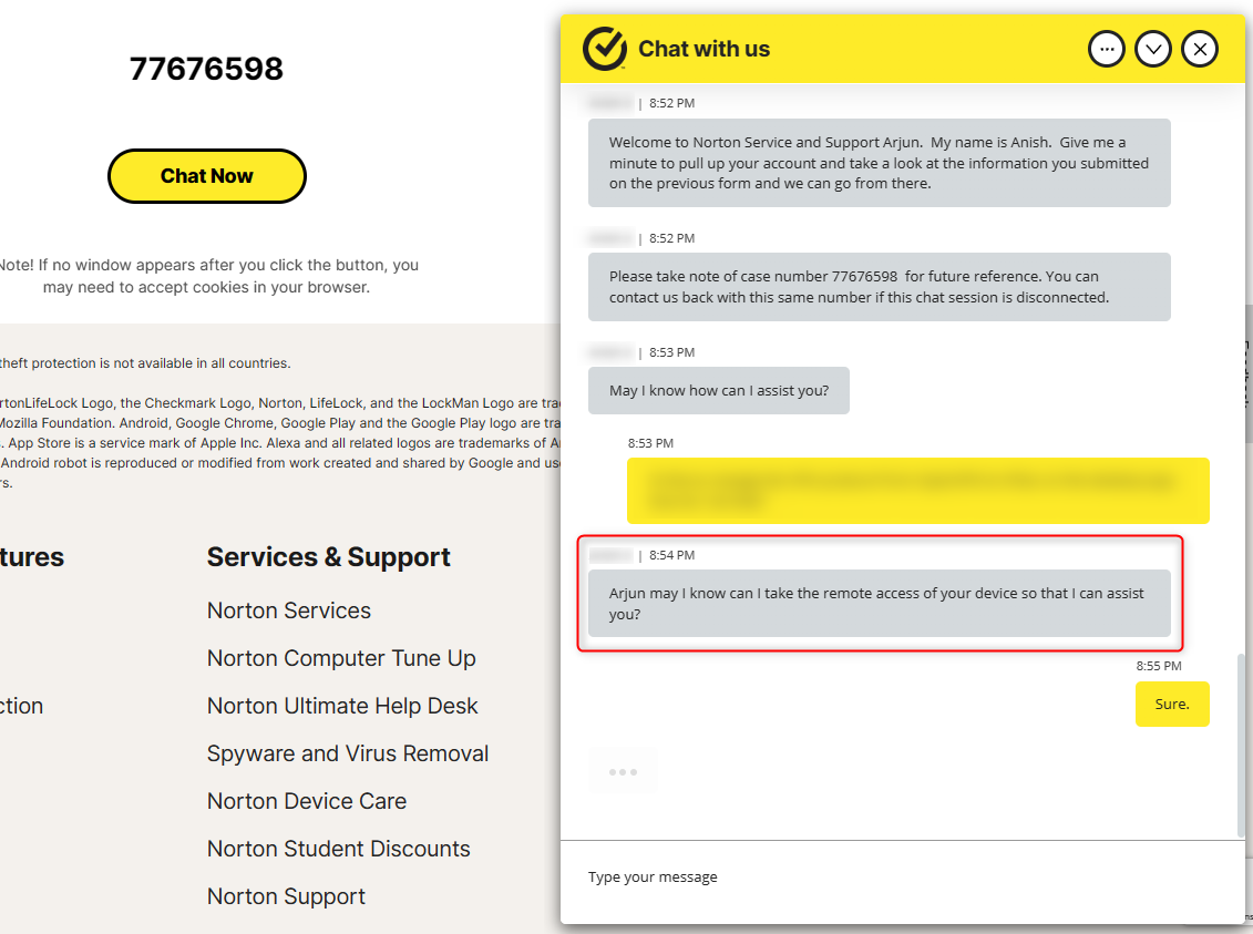 remote access from Norton support team