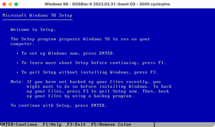 Windows 98 installer setup screen