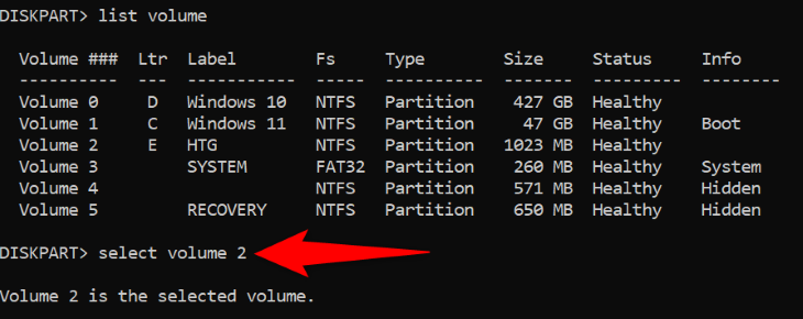 Select a partition in CMD.