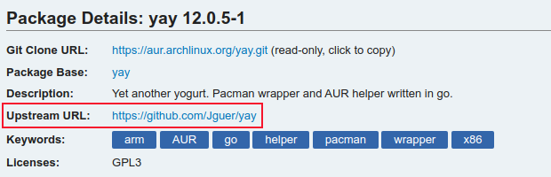 The AUR package details for the ayya packages, with the upstream URL highlighted