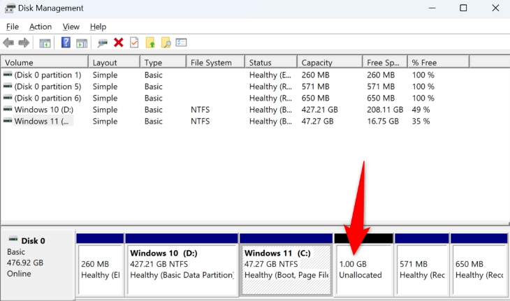 Unallocated space in Disk Management.