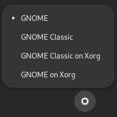 The drop-down menu in GNOME that allows you to choose a Wayland or X11 based desktop experience
