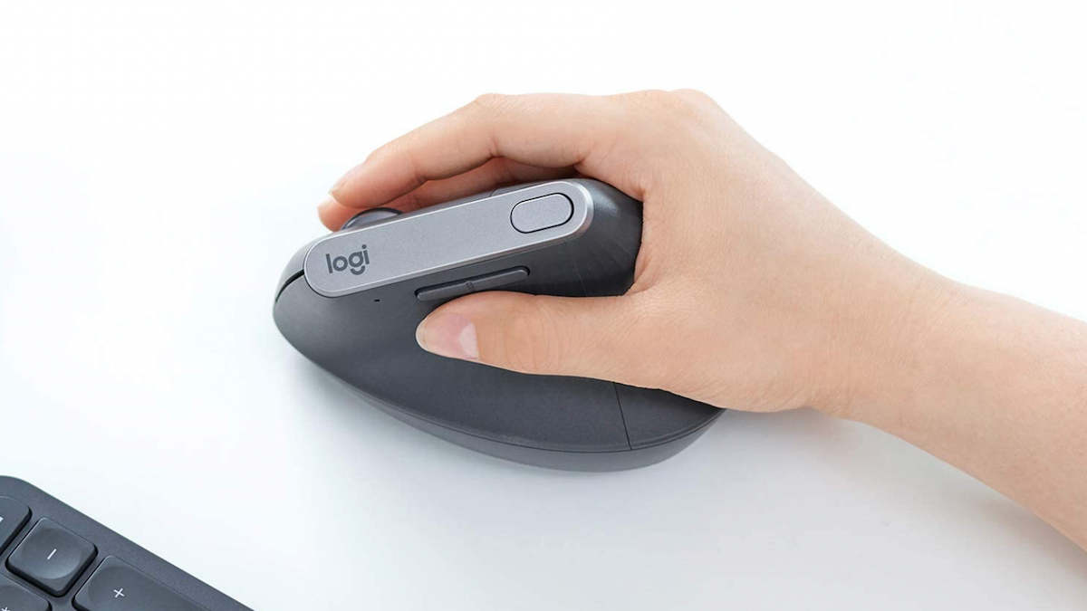 Person using a vertical wireless computer mouse.