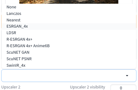 Dropdown list in Stable Diffusion WebUI showing available upscalers.
