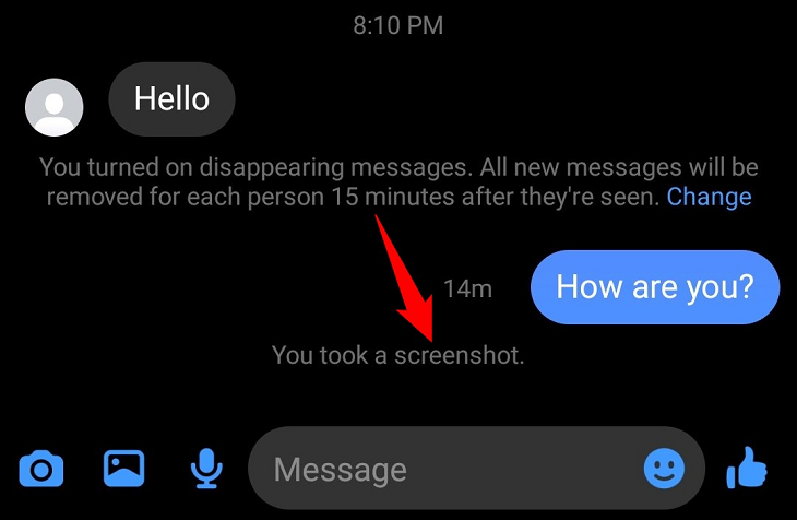 Facebook Messenger's disappearing message screenshot alert.
