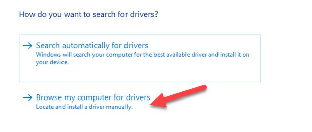 Clicking "Browse my computer for drivers" to manually install the drivers.