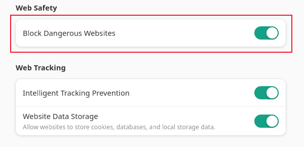 The dangerous websites option in the preferences menu of the GNOME Web technology preview build