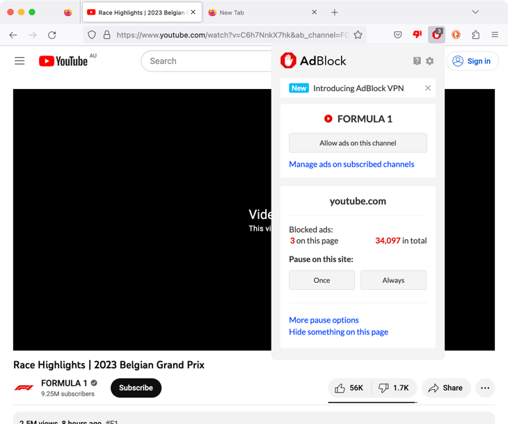 Disabling Adblock on YouTube in the Firefox browser