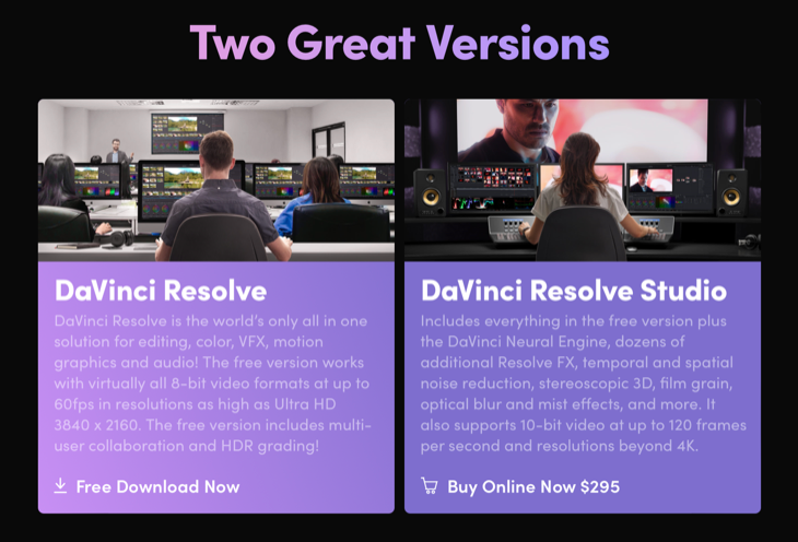 DaVinci Resolve versions gratuite et Studio
