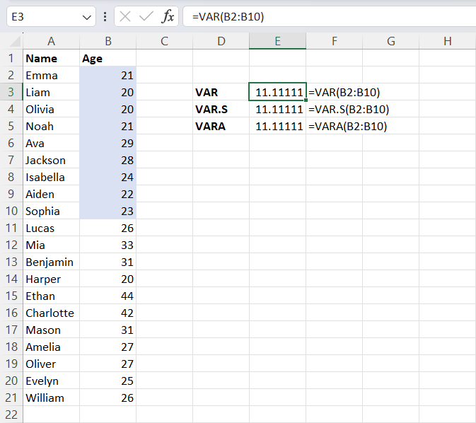 Use the VAR, VAR.S, or VARA function in Excel to calculate sample variation.