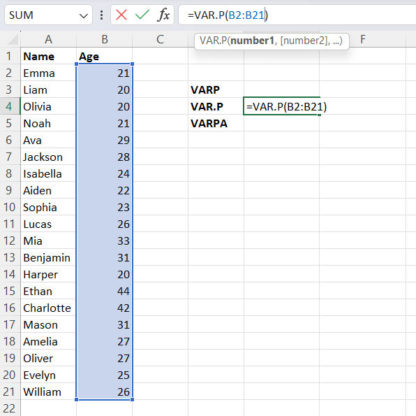 To calculate population variation in Excel, select the formula bar and type your VAR.P formula (eg. =VAR.P(B2:B21) for the full range of cells between B2 and B21).