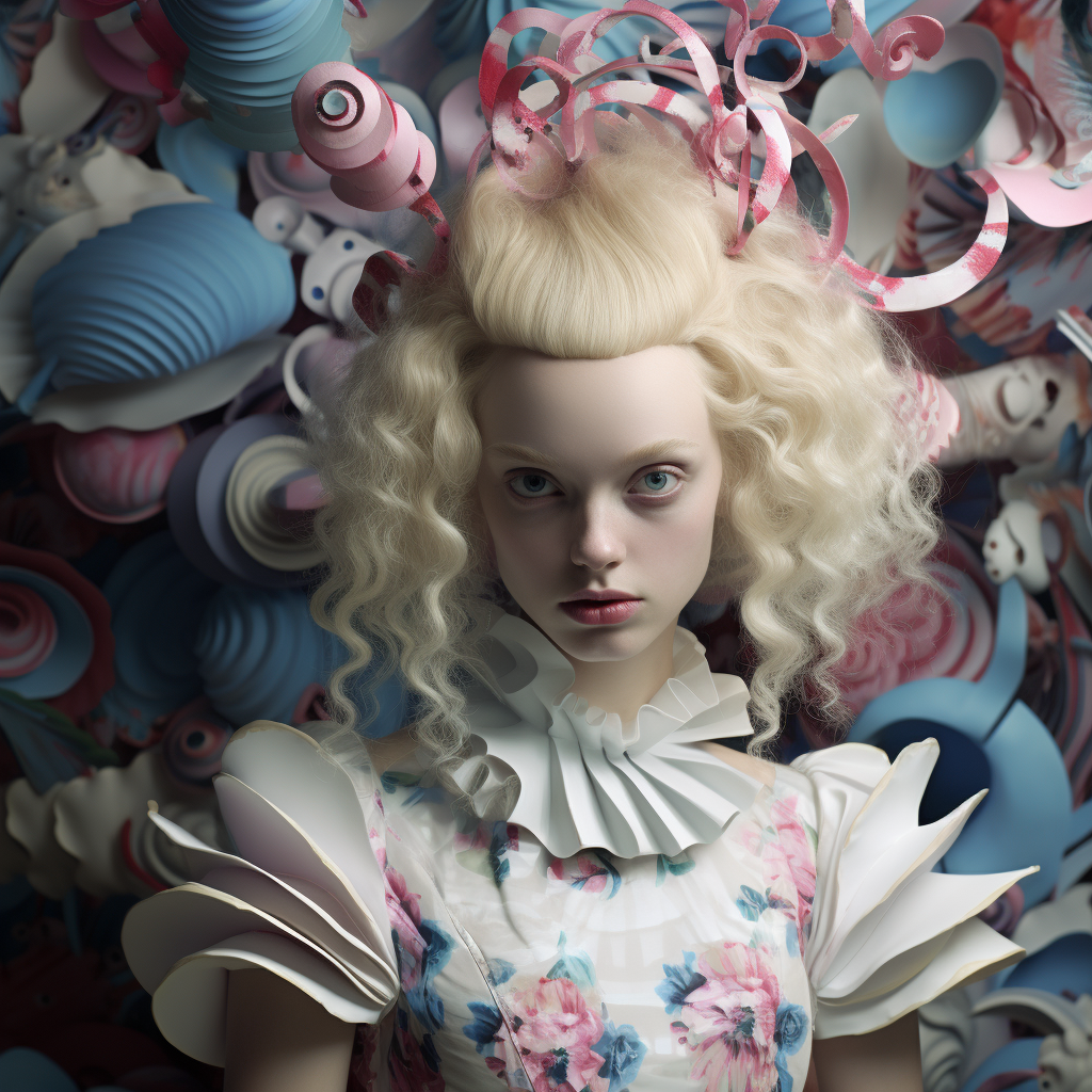 Alice In Wonderland Avant-Garde. Alice has a strange haircut, her dress has numerous fanciful frills on the shoulders, and there are garish blue and pink colors everywhere.