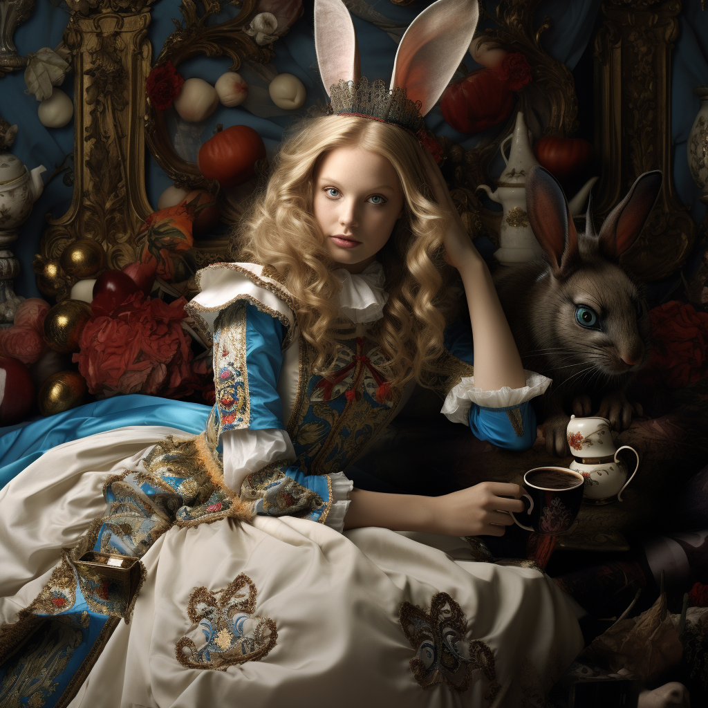 Alice In Wonderland Baroque Alice is drinking a cup of tea and has rabbit ears. The image is hyper-realistic, with sumptuous details.