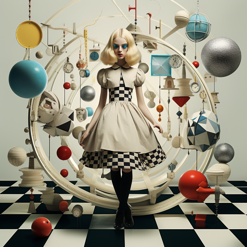 Alice In Wonderland Bauhaus. Alice wearing checkerboard dress surrounded by spherical objects.