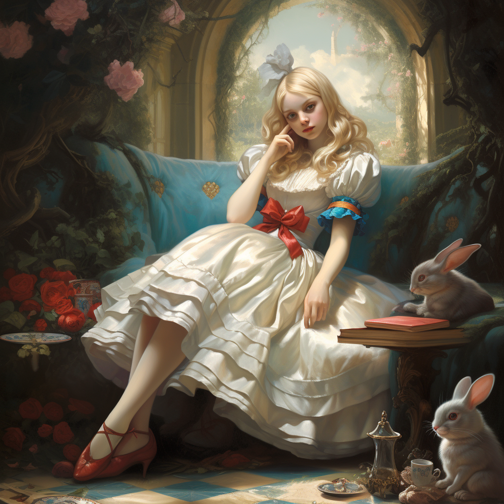 Alice In Wonderland Classicism with Alice reclining on a couch, the image has a beautiful classic art feel.