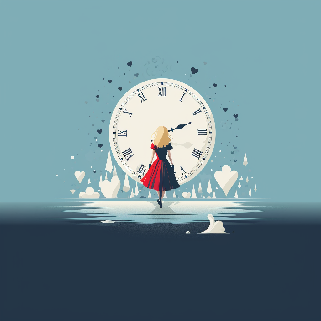 Alice In Wonderland Minimalism. Alice Standing in front of clock face. Flat shading and simple lines.