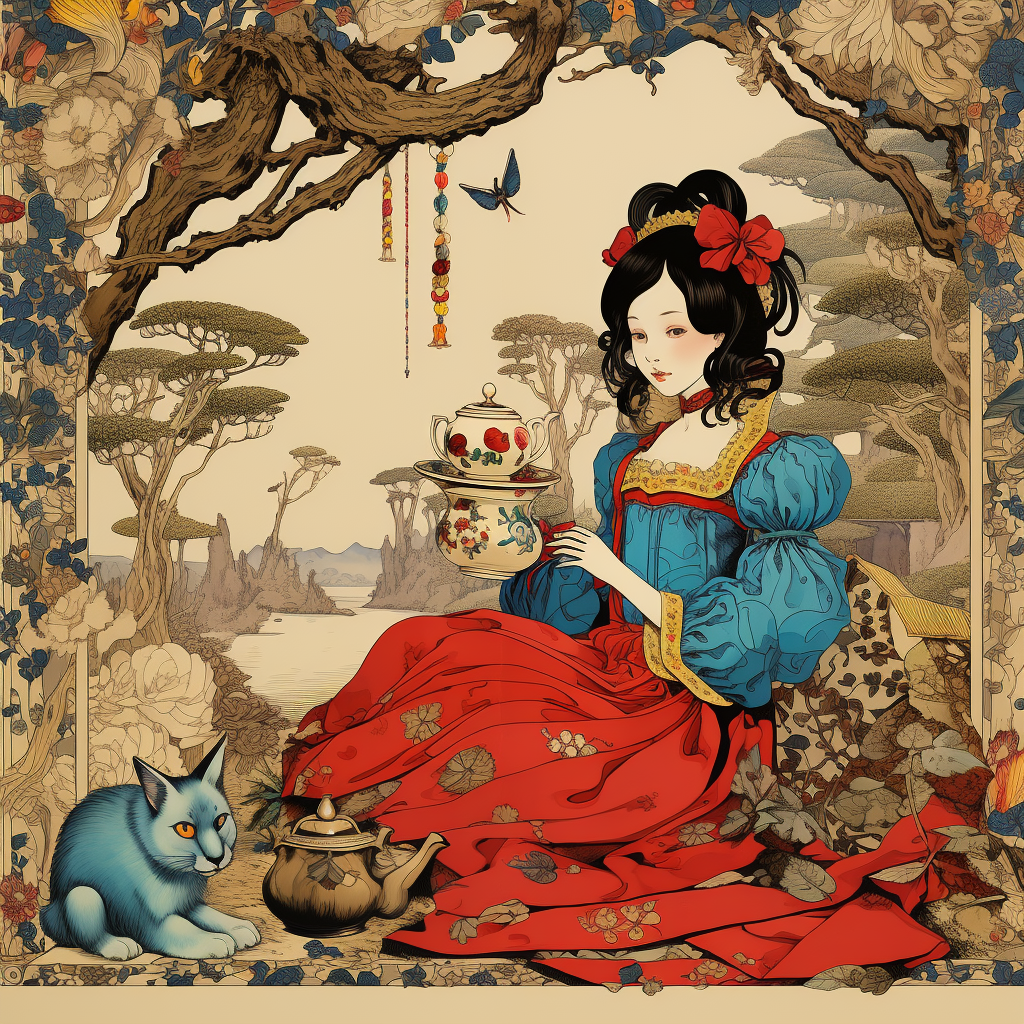 Alice In Wonderland Ukiyo-E. Alice is seitting in a Japanese natural setting drinking tea. 