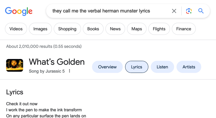 Search for known lyrics in Google to find a song