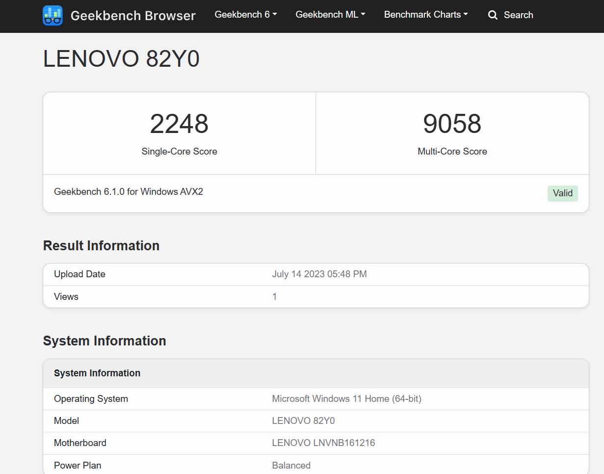 Geekbench Benchmark scores on the Lenovo Flex 5i 14