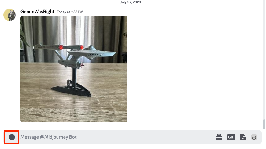 Click or tap the + (addition sign) icon to upload a photo to the MidJourney Discord server.