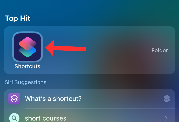 Shortcuts app in iPhone's Spotlight search with an arrow next to it