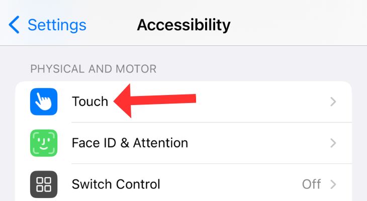 Accessibility settings with an arrow next to Touch