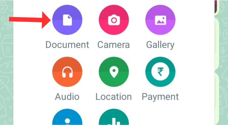 WhatsApp's attachment menu highlighting the Document option