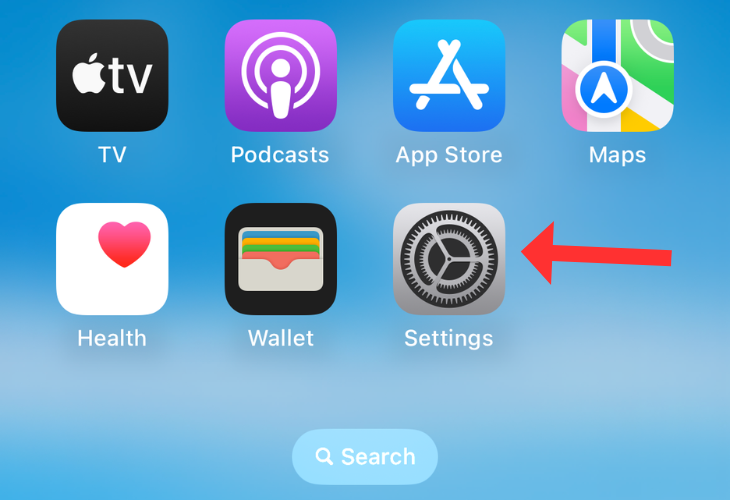iPhone's home screen with an arrow pointing toward the settings app
