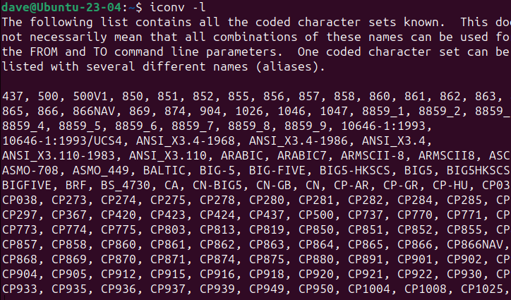 La sortie de la commande iconv -l, listant tous les encodages de caractères connus par iconv.