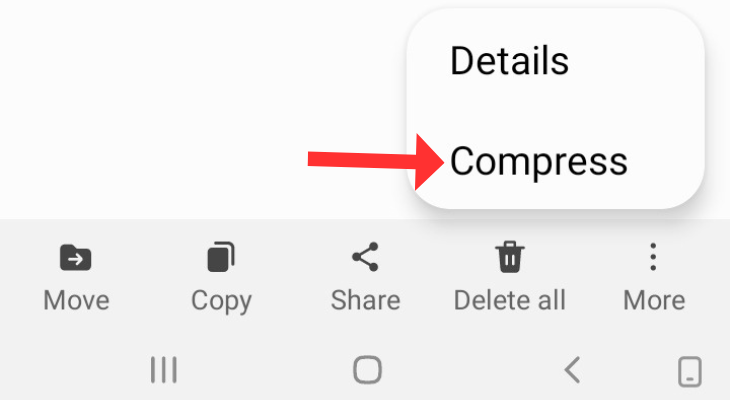 My Files app with an arrow next to the Compress option