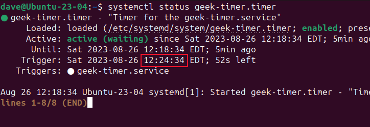 The status of the timer once it has reached the repeating every minute phase