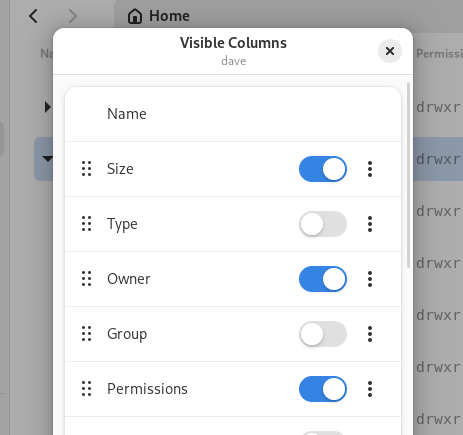 The GNOME 45 Files column picker dialog