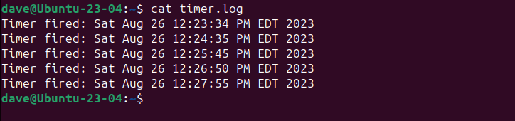 The contents of the timer logfile after about ten minutes of running