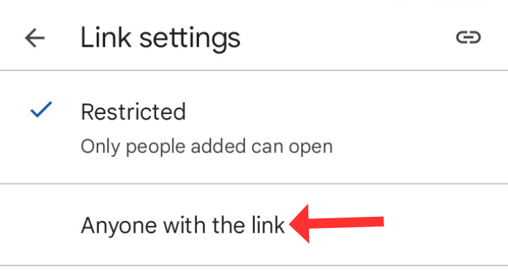 Google Drive highlighting the anyone with the link option in Link Settings
