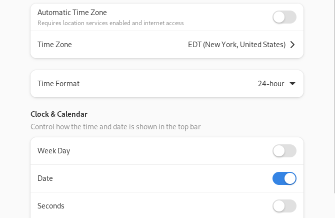 The combined time and data and calendar options page in the GNOME 45 settings application