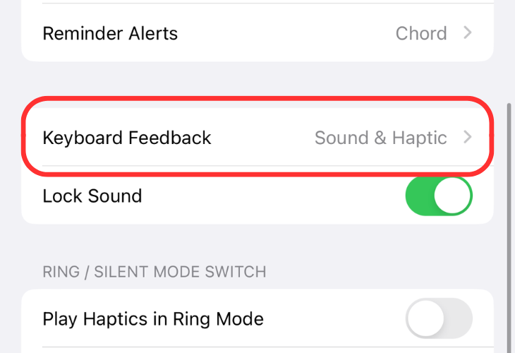 Sound & Haptics menu on an iPhone highlighting the Keyboard Feedback option
