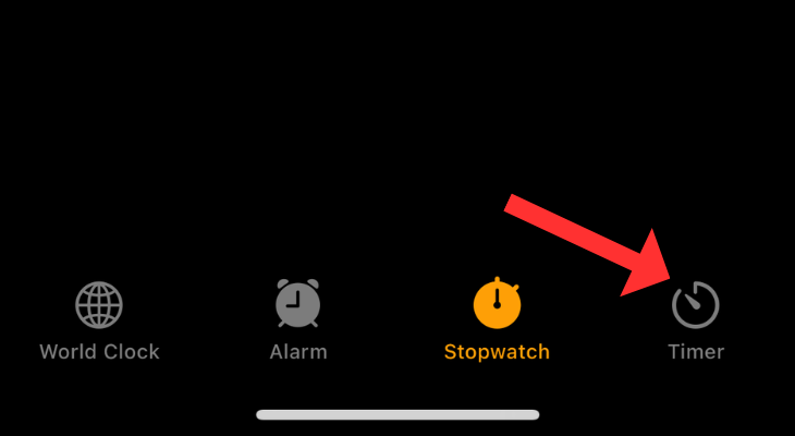 Clock app home screen with an arrow next to the Timer option