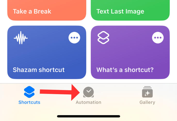 Shortcuts app's home screen with an arrow next to the Automation option
