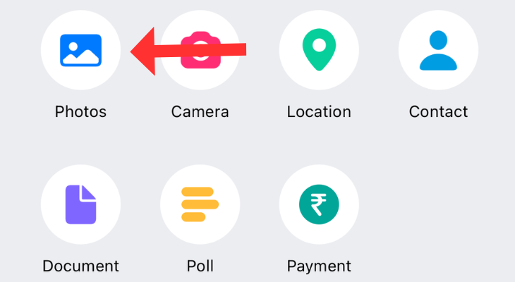 WhatsApp attachment menu with an arrow highlighting the Photos option