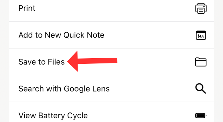 Image sharing menu with highlighting the Save to Files option