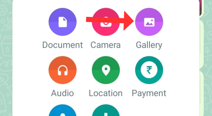 WhatsApp attachment menu with an arrow next to the Gallery option