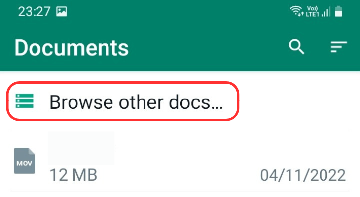 WhatsApp document selection screen highlighting the Browse other docs option