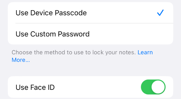 Notes password menu with the options to use iPhone passcode