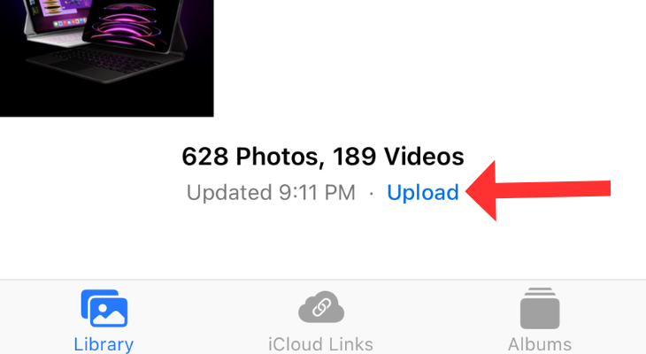 iCloud Photos section highlighting the Upload option