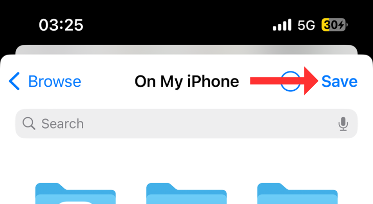 Files app with an arrow next to the Save button