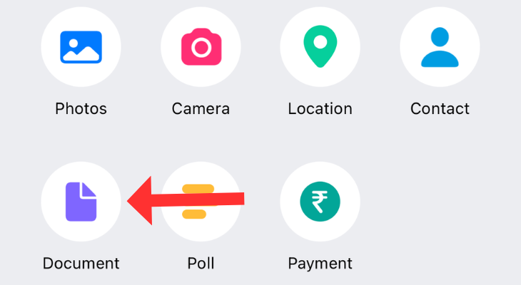 WhatsApp attachment menu highlighting the Document option