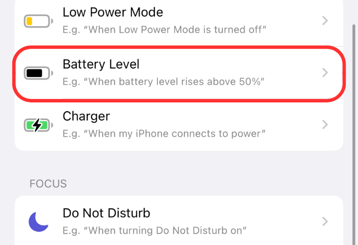 Personal Automation menu highlighting the battery level option