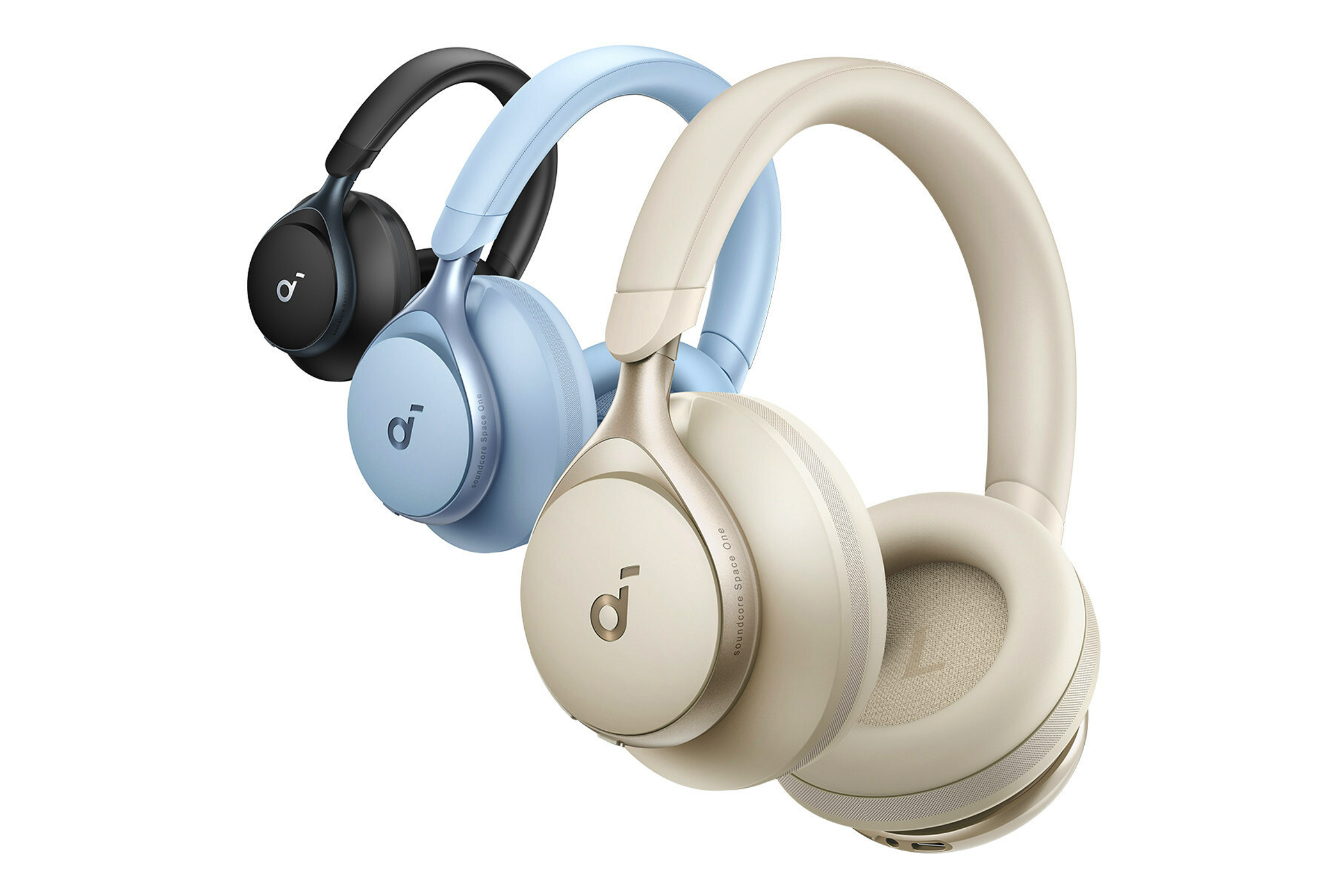 The Anker Soundcore Space One headphones in black, blue, and beige.