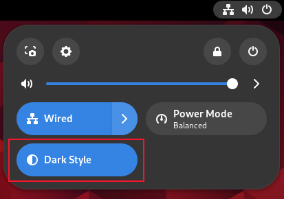 The dark mode slider in the GNOME 45 system menu