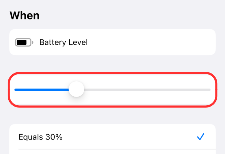 Personal Automation options highlighting the battery level